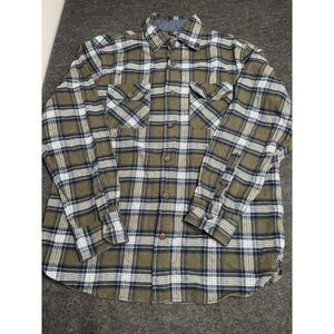 Jacks MFG Flannel Shirt Mens Large Green Blue Plaid Long Sleeve Button Up Casual